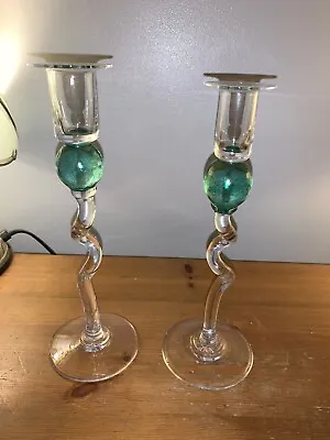Buy Art Glass Candlesticks Signed Turquoise Ball Twisted Stem Both  1 Chipped At Top • 19.99£