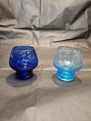 Buy 2 Depression Glass Shot Glasses Dark Blue And Light Blue Etched Leaf Design • 18.86£