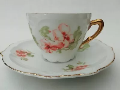 Buy Bavarian Porcelain Vintage Cup & Saucer Pretty Peach Flowers & Gilt Decor • 10.99£