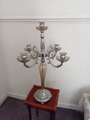 Buy Large  Silver Effect With Glass Body 4 Arm 69cm Tall Candelabra. • 9.99£