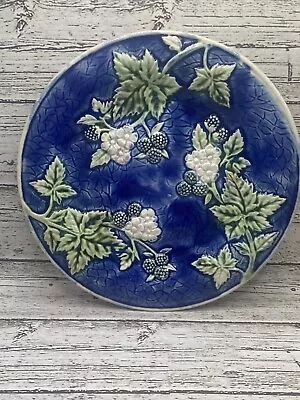 Buy Antique MAJOLICA Colbalt Blue Leaf & Berry Plate Wall Display Decor 8” Round • 30.31£