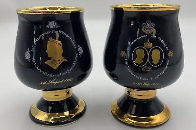 Buy Prinknash Pottery Queen Mother/Charles & Diana Black & Gold Brandy Goblets   K12 • 15£