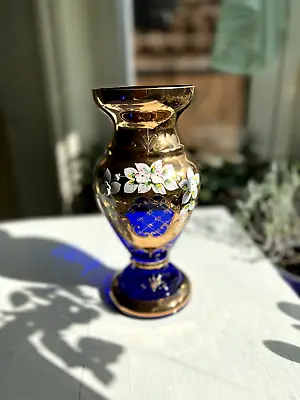Buy Bohemian Handpaint Gold Gilt Blue Glass Enameled Floral Vase • 40£