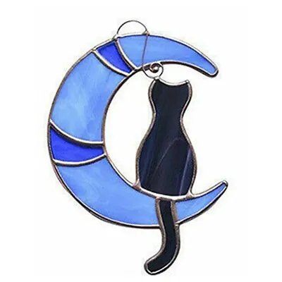 Buy Stained Glass Cat On The Moon Suncatcher Window Hanging Ornament For Cat A • 8.20£