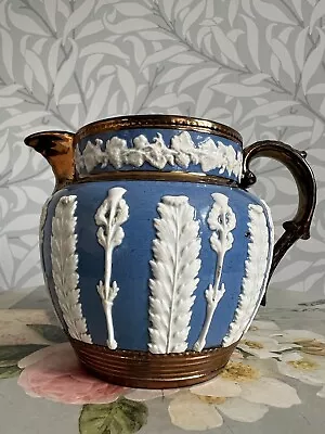 Buy Antique Staffordshire Pottery Lustre Jug Blue White Acanthus Leaves Thistle 1850 • 49.99£