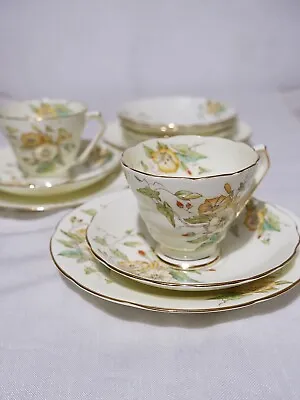 Buy Fenton Bone China Cup Saucer Side Plate Yellow Floral Gold Trim Set Of 11 • 28.88£