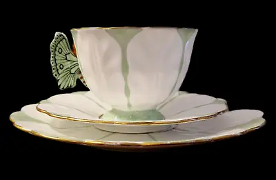 Buy Art Deco Butterfly Handle Ansley  ~ RARE Green & White Trio Tea Set Excellent • 235£
