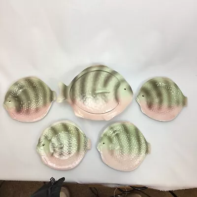 Buy Shorter & Son Ltd Fish Tureen Lidded Bowl & 4 X Plates Green Pink (ED) • 30£