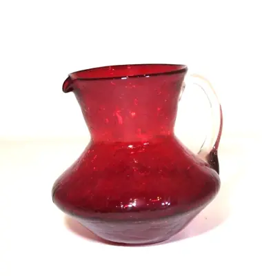 Buy Vintage Hand Blown 4  Mini Ruby Red Crackle Glass Pitcher Applied Clear Handle • 14.38£