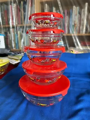 Buy Set Of 5 Vintage FRUITS Glass Nesting Bowls With RED Plastic Lids • 14.17£