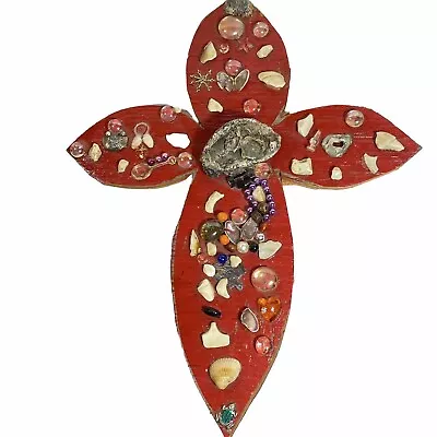 Buy Handmade Wood Cross Wall Mount Red Shells Glass Beads Found Objects Milagros • 17.79£