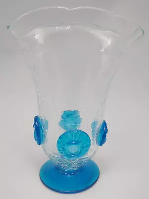 Buy Blenko Clear Blue Crackle Glass Vase Applied Blue Medallion Detail 9.5 In • 57.90£