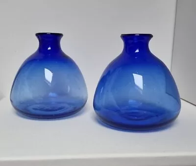 Buy 2x Vintage Hand-blown Cobalt Blue Bubble Glass Balloon Bud Vases 14cm • 20£