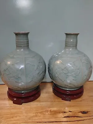 Buy Vintage Korean Celadon Crackled Glaze Koi Fish Marked Globular Vases Vgc  • 335.59£
