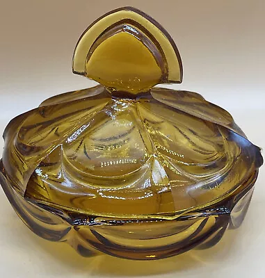 Buy Vintage Glass Amber Pot Vanity Lidded Art Deco Dressing Table Amber Glass Gift • 14.99£