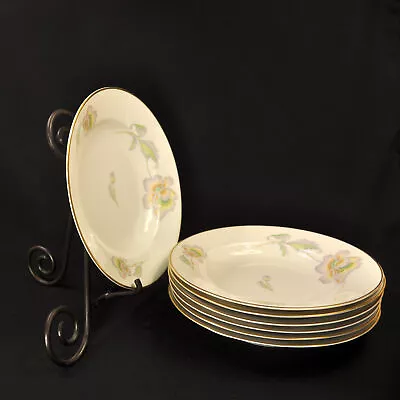 Buy Thomas Bavaria Set Of 7 Smooth Rimmed Soup Bowls Pastel Poppy W/Gold 1946-1949 • 73.14£