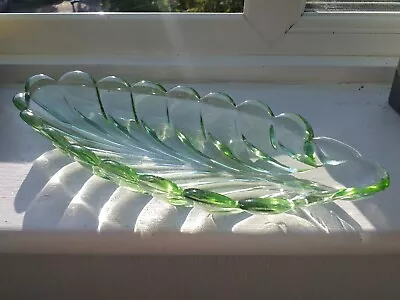 Buy Art Deco Leaf Shaped Pressed Glass Green  Serving Dish Perfect Cond. • 15£