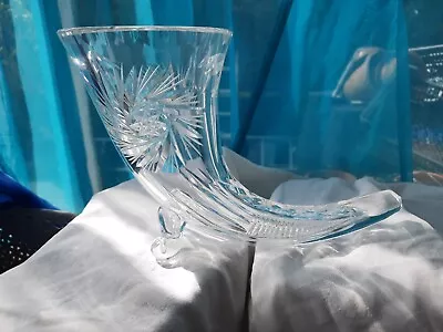 Buy Vintage Horn Of Plenty Cornucopia Shape Cut Glass Vase Starburst Pattern • 10£