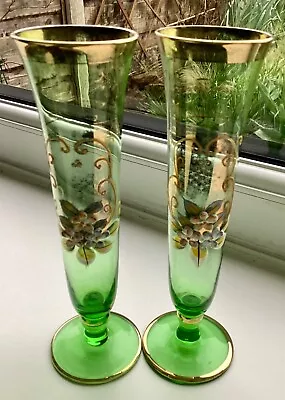 Buy Pair Of Vtge Czech Bohemian Hand Painted Green Gilded Vases 7in Tall Beautiful  • 29.99£