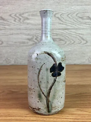 Buy Grey Speckled Studio Pottery Stem Vase With Dark Floral Design 7.5  Tall  • 27.99£