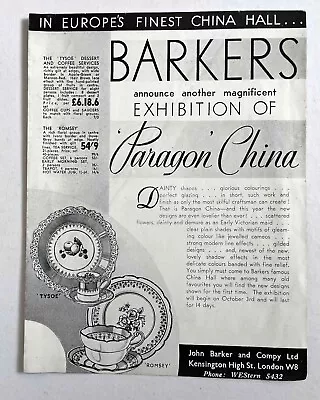 Buy PARAGON CHINA Pottery Catalogue Folded Vintage Leaflet John Barker Kensington • 5£