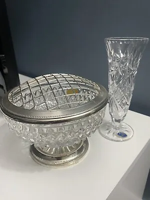 Buy Antique Vintage Retro Lead Crystal Cut Rose Posy Bowl Vase With Metal Mesh Grid • 19.99£