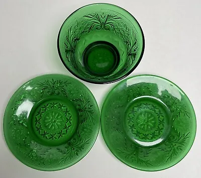 Buy Vintage Anchor Hocking Green Glass Bowl & 2 Saucers 4.5” • 9.60£