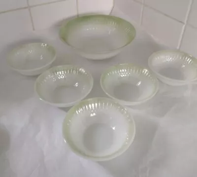 Buy Federal Glass Moonglow Bowl Set Green Serving Bowl & 5x Small Dessert Vintage • 19.87£