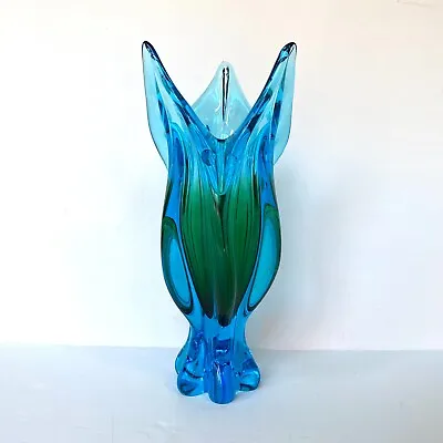 Buy Vintage Czech Bohemia Crystal Glass Tulip Vase Blue & Aqua Green Hand Made 12'' • 82.04£