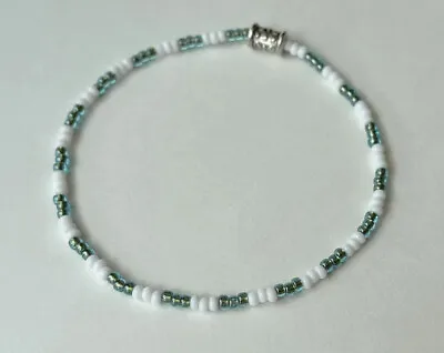 Buy Elastic Seed Bead Beaded Stretchy Cute Casual Green And White Petite Bracelet • 2.99£