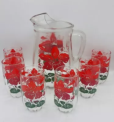 Buy Vintage Anchor Hocking Red Hibiscus Design Glass Pitcher And 6 Glass Tumblers • 23.53£