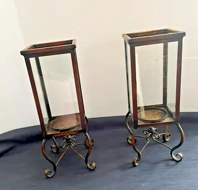 Buy (Set Of 2)  Antique Victorian Style Metal & Glass Hurricane Candle Holders 15 T • 38.61£