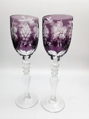Buy Ajka Crystal Magdas Pride Cut To Clear Amethyst Liquer Cordial Wine Glasses Pair • 70.87£