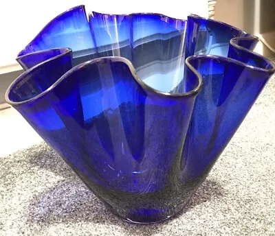 Buy  ‘cello’ Cobalt Blue Glass Hankerchief Vase 24 Cm Heavy Handmade • 20£