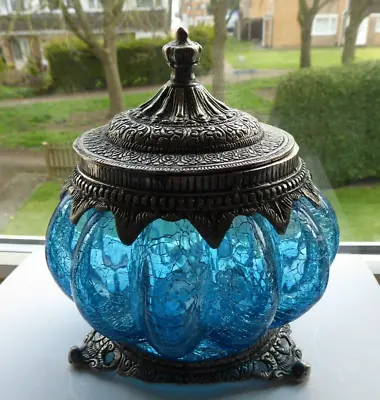 Buy Rare Vintage Large Baroque Metal And Segmented Crackle Glass Lidded Bowl Humidor • 50£