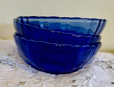 Buy Libbey Crisal Portugal Vintage Cobalt Blue Ripple Glass Dessert Bowls X3 • 15£