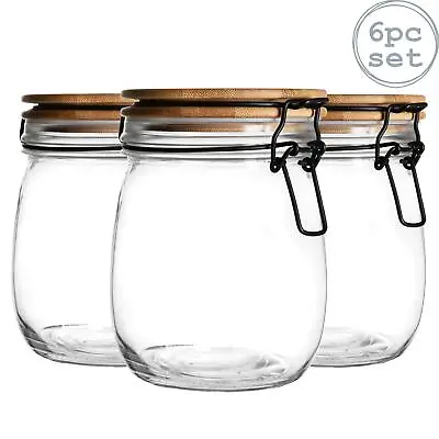 Buy 6pc Airtight Storage Jar - Wooden Lid Round Glass Canister 750ml • 19£