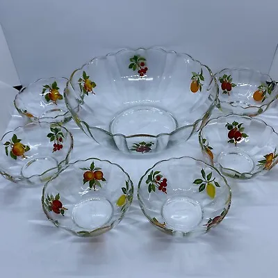 Buy Vintage Arcoroc Glass Serving Bowl & 6 Dessert Bowls, Fruit Design • 19.50£