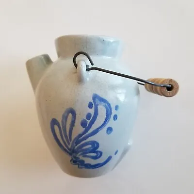 Buy Vintage  Pottery Stoneware Pitcher Jug With Metal Handle Gray With Blue Leaves • 9.17£