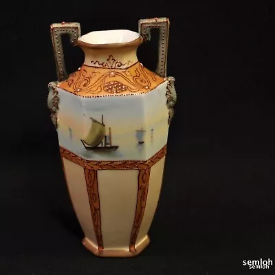 Buy Nippon M-in-Wreath Vase 2 Handles Sailing Scene Brown Moriage Beads Hand Painted • 159.23£