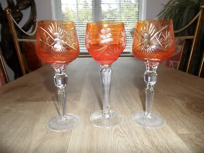 Buy 3 Orange Colour Bohemian Crystal Wine Glasses • 12.99£