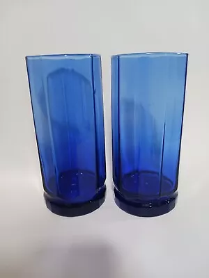 Buy Vintage Set Of 4 Anchor Hocking Cobalt Blue Essex Paneled Tall Drinking Glasses • 16.28£