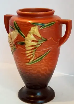 Buy Roseville Art Pottery Ca. 1945 FREESIA  Pattern Handled Vase # 121-8 • 86.67£