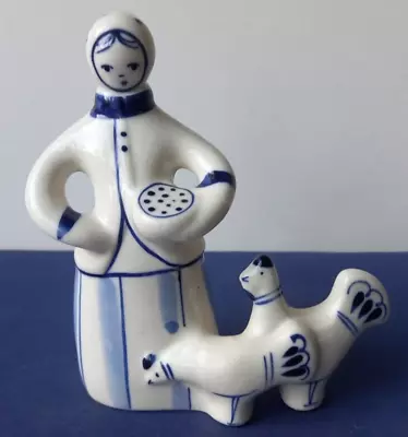 Buy Vintage USSR Hand Painted Blue & White Gzhel Figurine Of Woman & Chickens 1970's • 15.84£