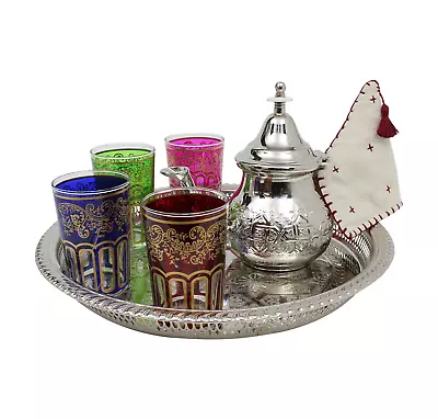 Buy Moroccan Mint Tea Set Medium: Silver Tray, Teapot, 4 Tea Glasses, Teapot Holder • 94.85£