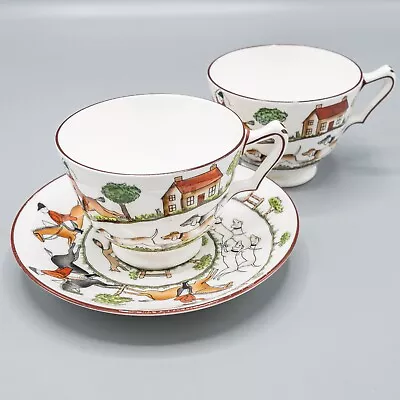 Buy Crown Staffordshire Hunting Scene 2 Footed Cups & 1 Saucer FREE USA SHIPPING • 43.22£