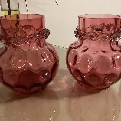 Buy Pair Victorian Dimpled Cranberry Glass Vases • 10£