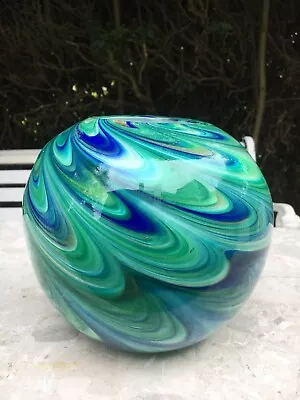 Buy Hand Blown Glass Vase, Round Sphere. Blue & Green Swirls, W Gold Inclusions. VGC • 25£