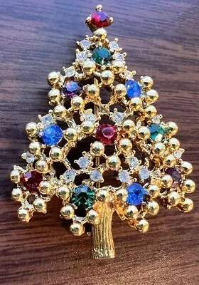 Buy Vintage Eisenberg Brooch Pin Multi Color Rhinestone Gold Tone Christmas Tree • 47.41£