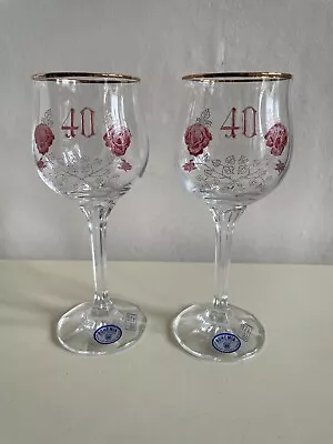 Buy Pair Of Czech Bohemia Crystal 40 Years Ruby Wedding Wine Glasses Roses 150ml • 8.50£